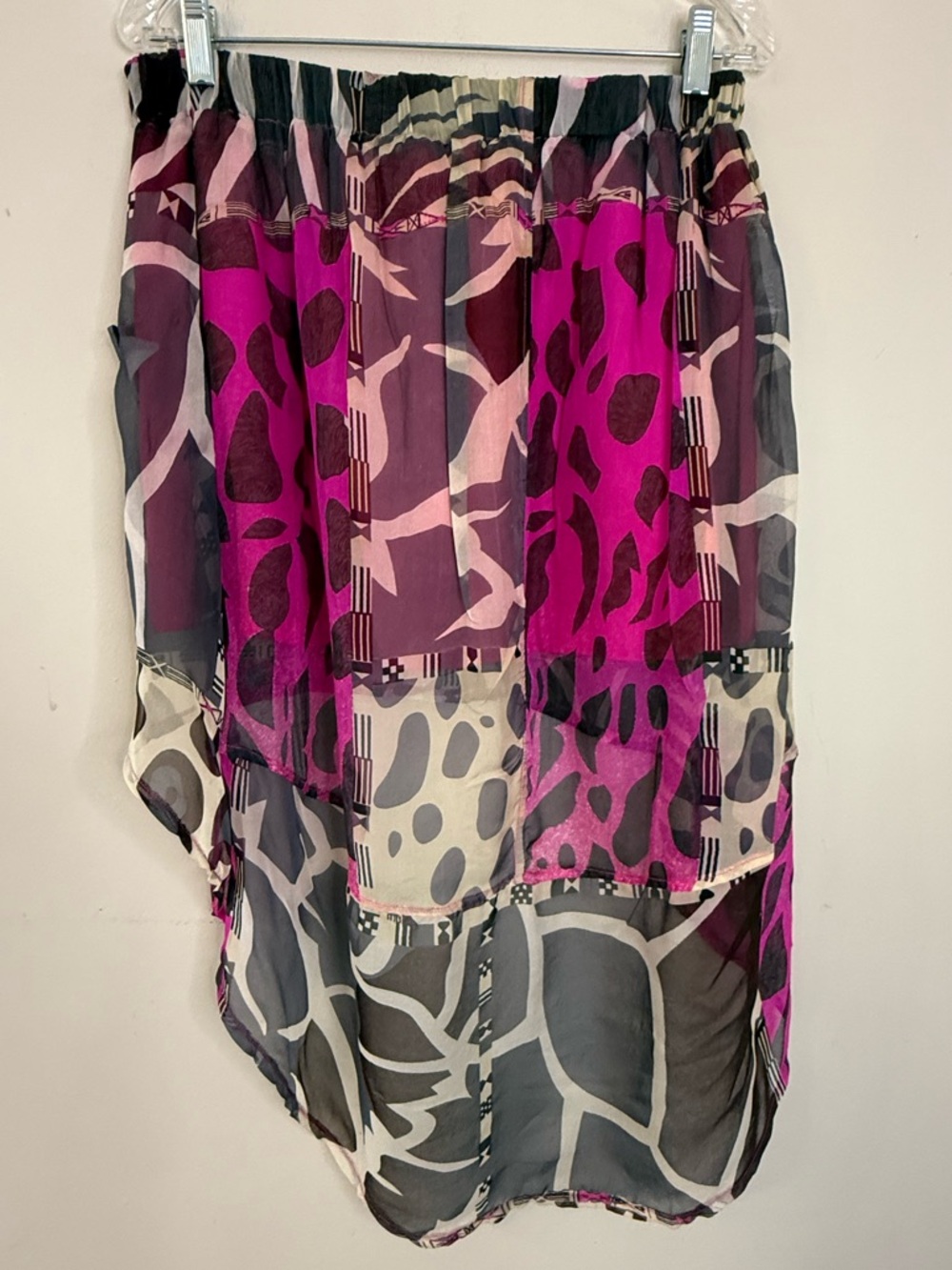 Fumblin Free vibrant silk leopard skirt dramatic high low hem SZ M